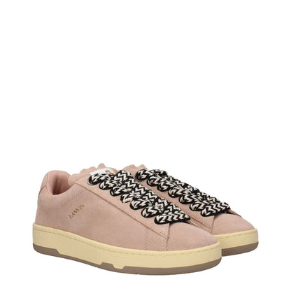 Lanvin Pink Leather Low Top Sneakers with vintage suede finish, featuring a round toe, rubber sole, and distinctive logo details.