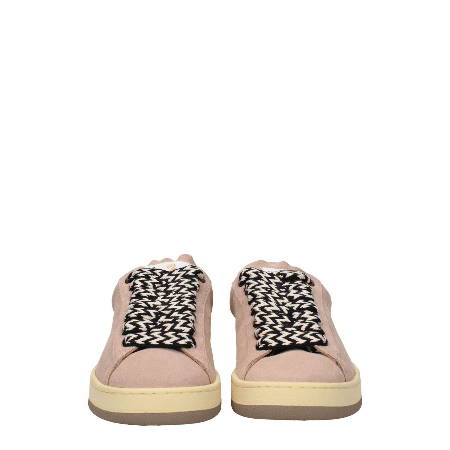 Lanvin Pink Leather Low Top Sneakers with lace-up closure, rubber sole, and vintage effect, showing front view of round toe design.