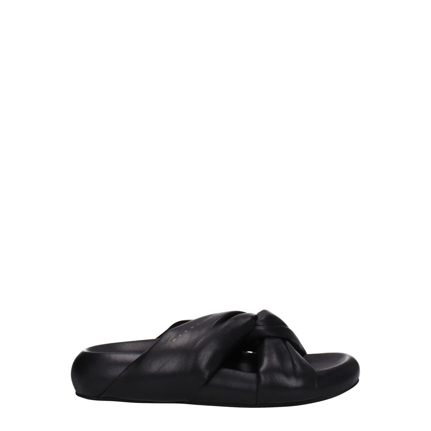 Marni Black Leather Slippers, open-toe casual clogs with a mid heel and rubber sole, featuring a side logo in gold accents.