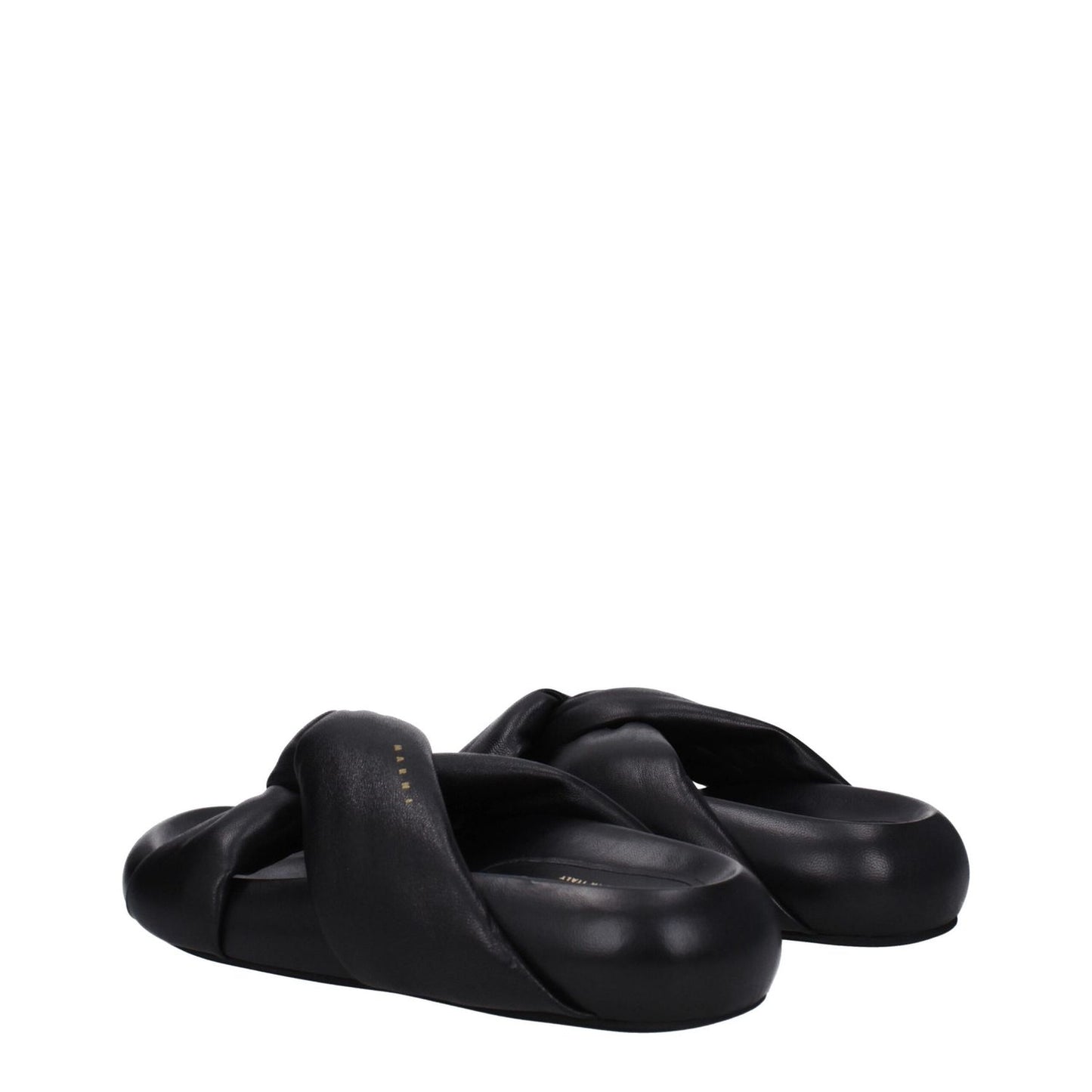 Marni Black Leather Slippers featuring side logo, open toe, mid heels, and rubber sole. Casual style, gold color details. MPN: SAMS018703P544300N99.
