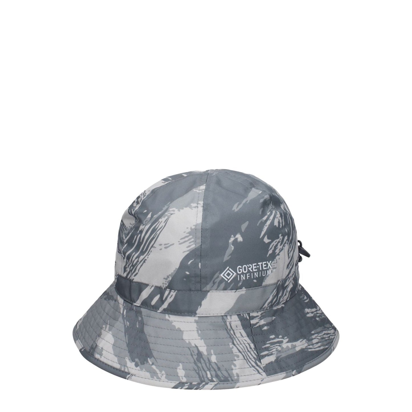 Moncler Gray Polyester Bucket Hat with front logo, sporty glam style, drawstring closure, made of 100% polyester, code F78991.