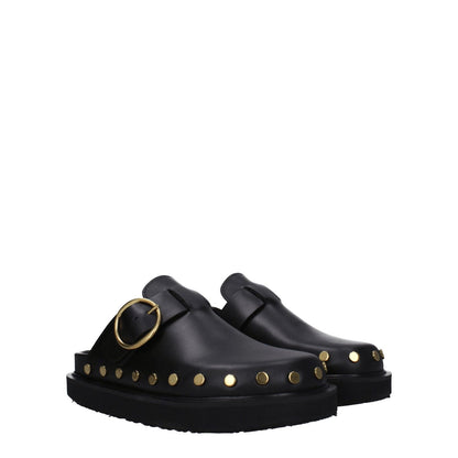 Isabel Marant Black Leather Slippers with gold studs, vintage style, buckle closure, rubber sole, round toe, and low flat heel.