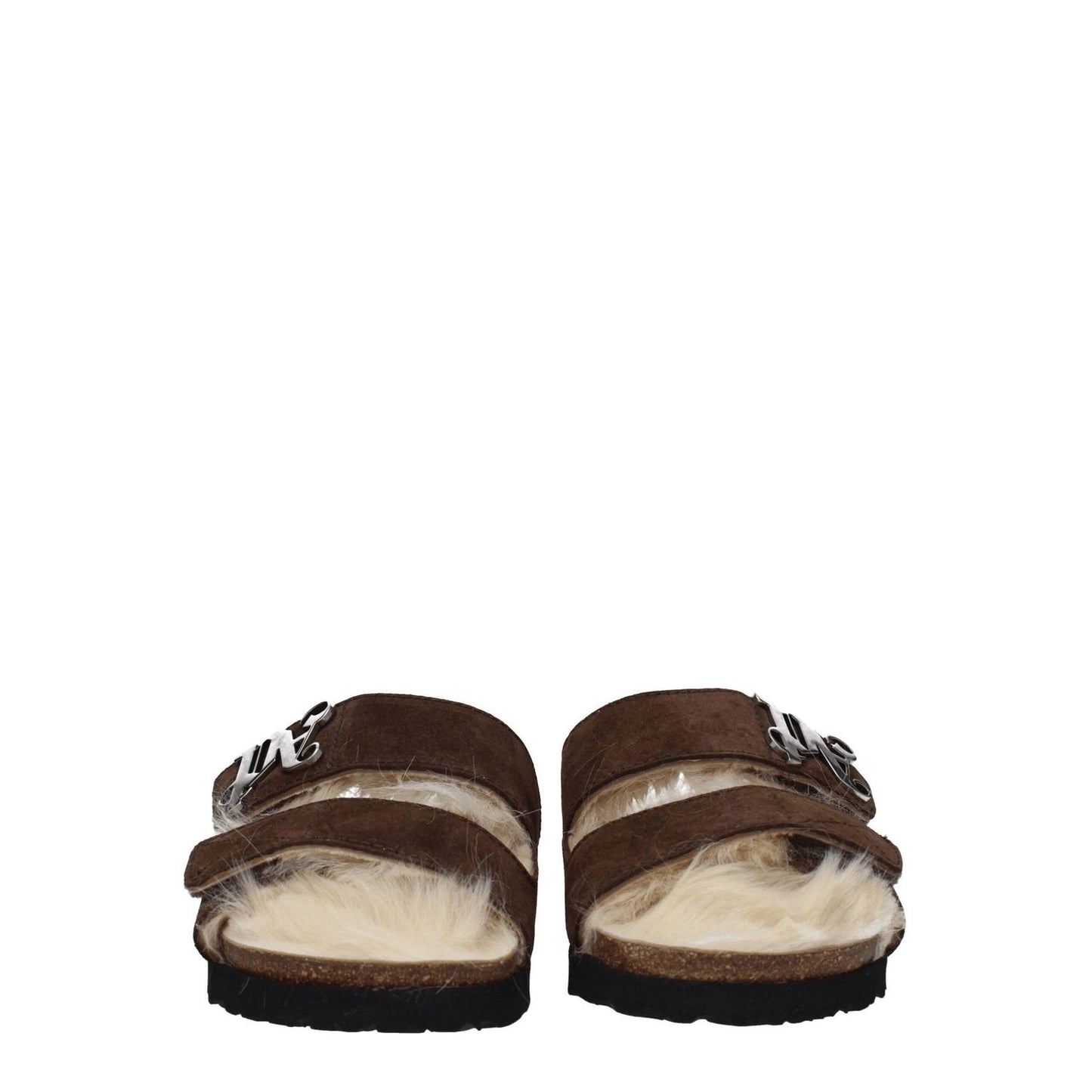 Palm Angels Brown Leather Slippers with strap closure and front logo, featuring rubber sole and open toe design.