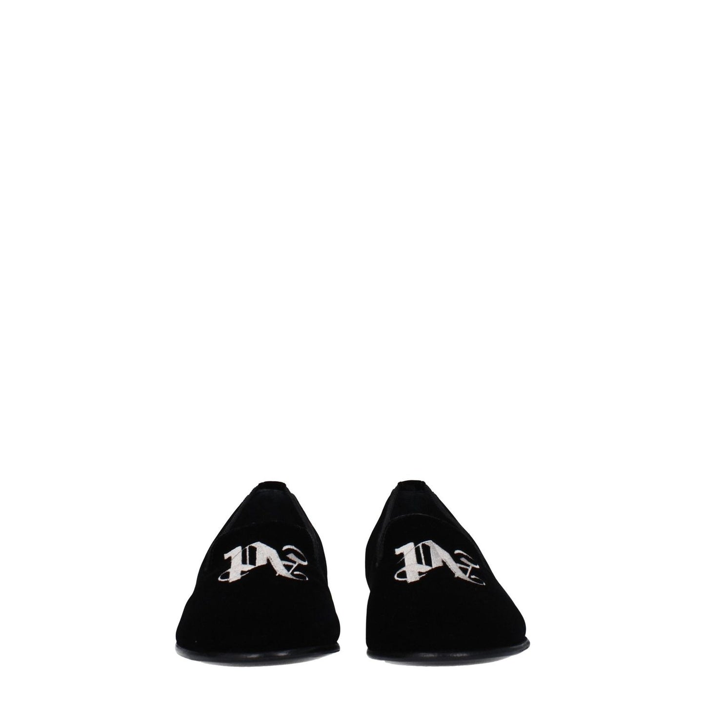 Palm Angels Black Velvet Slip-On Loafers featuring front logo, casual style, round toe, and low flat heel with leather sole.