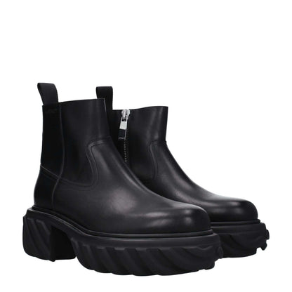 Off-White Black Leather Ankle Boots with side logo, zip closure, rubber sole, 6 cm mid heel, round toe, designed for casual style.