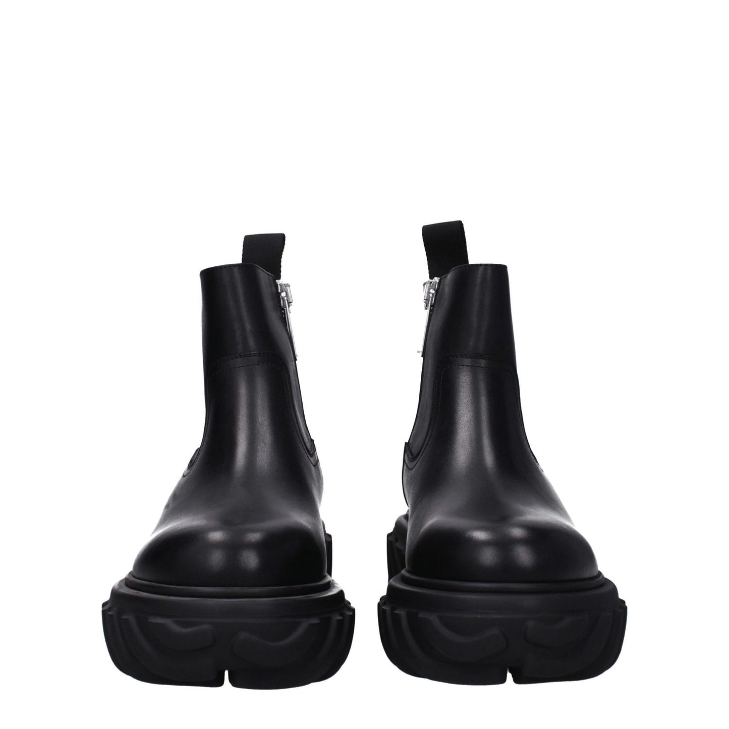 Off-White Black Leather Ankle Boots with side logo and zip closure, featuring rubber sole, mid heels, and round toe design.
