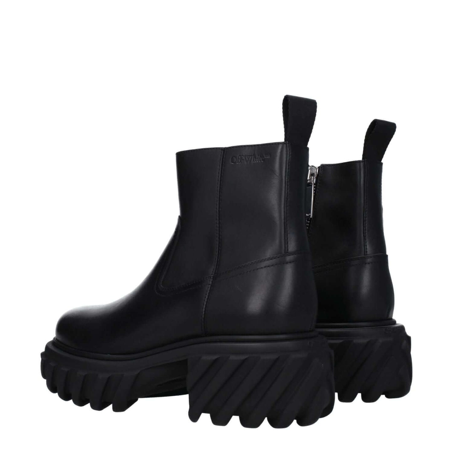 Off-White Black Leather Ankle Boots with zip closure and rubber sole