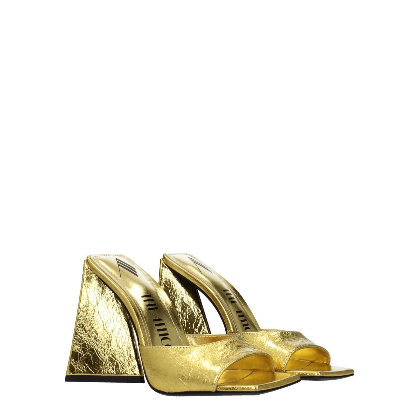 The Attico Gold Leather Platform Sandals with open toe and high heel, featuring vintage effect and leather sole. MPN: S000L070022.