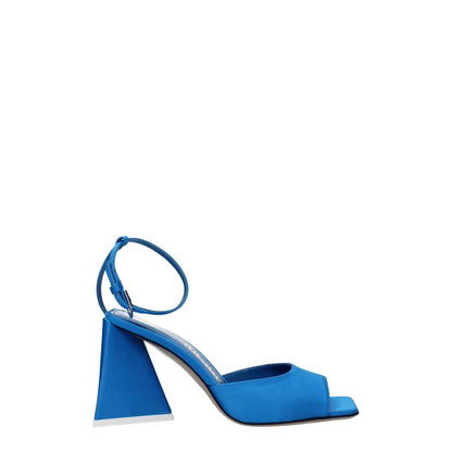 The Attico Blue Satin Stiletto Heel Sandals with buckle closure and open toe design, featuring a mid heel and leather sole.