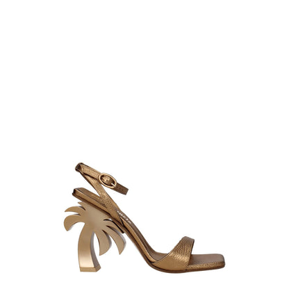 Palm Angels Gold Leather Platform Sandals with buckle closure and high heel in dark gold leather.