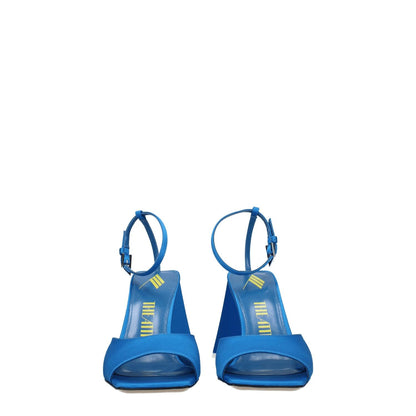 The Attico Blue Satin Stiletto Heel Sandals with buckle closure, open toe, and leather sole, front view