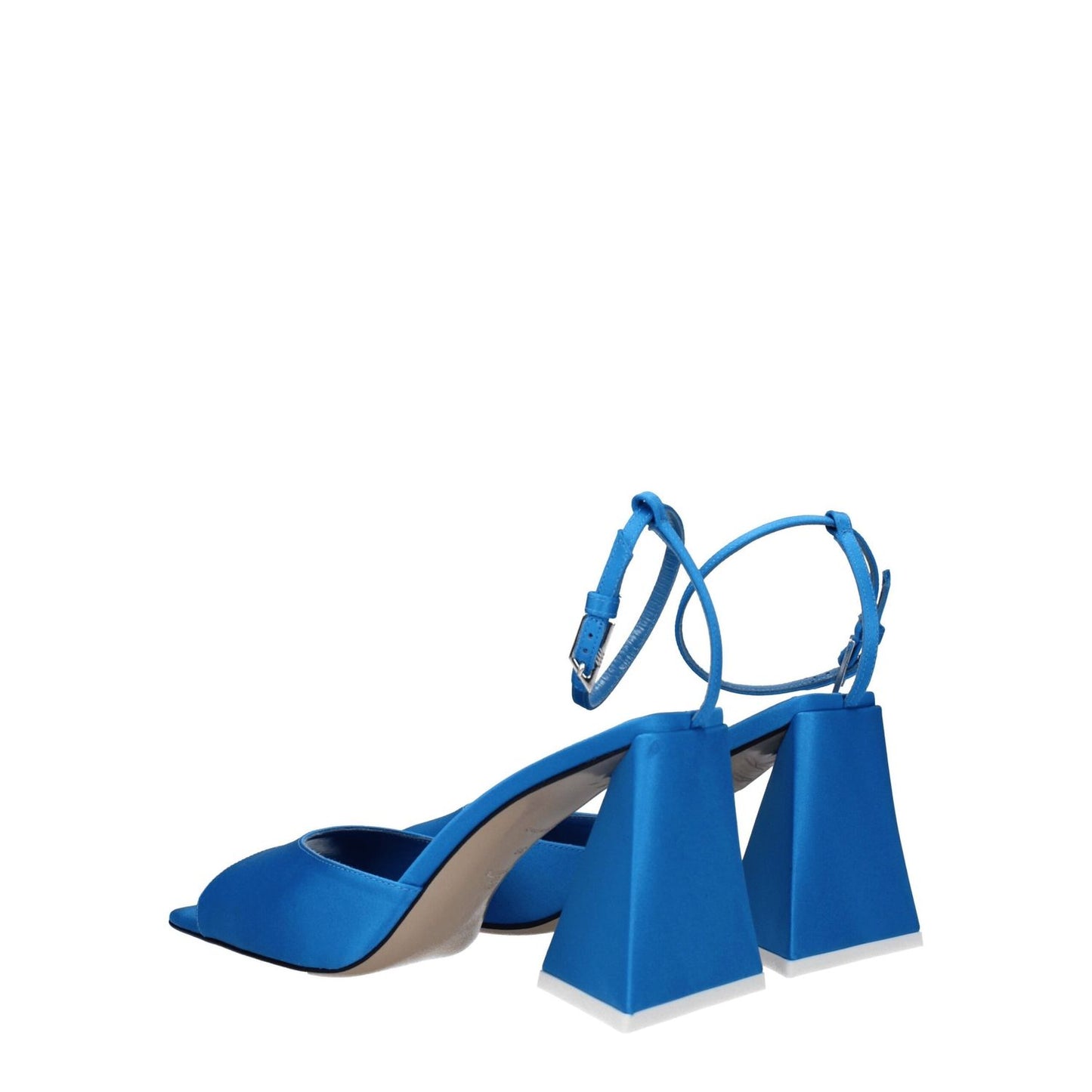 The Attico Blue Satin Stiletto Heel Sandals with buckle closure and open toe design, featuring turquoise mid heels.