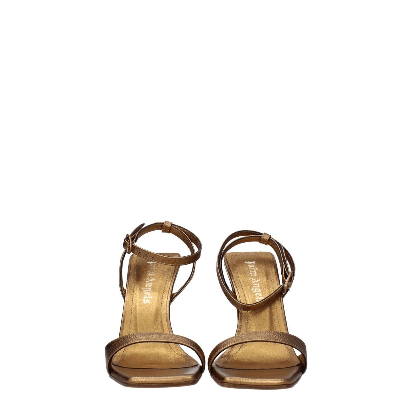 Palm Angels Gold Leather Platform Sandals with buckle closure and high heels, front view showing open toe design, casual style.