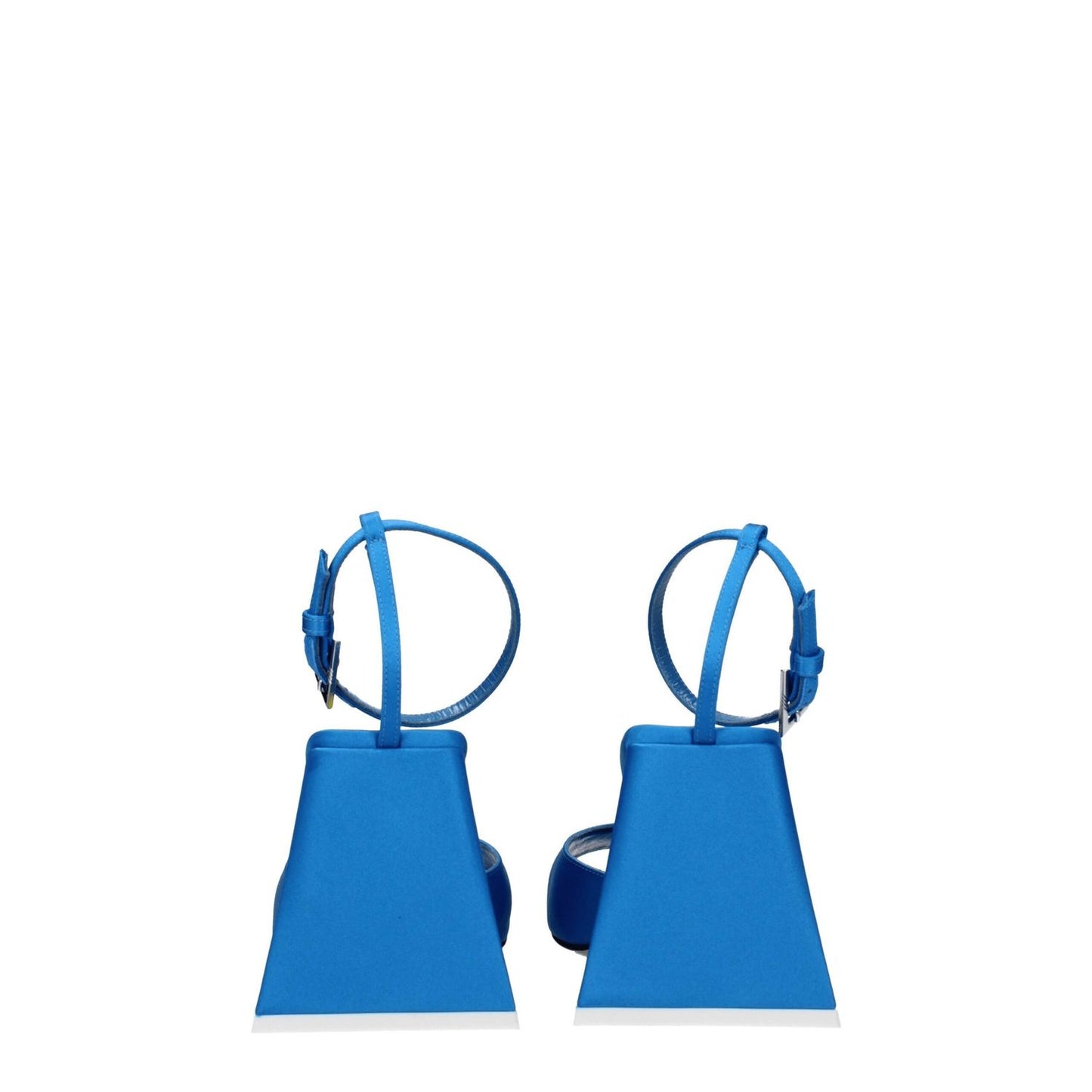 Back view of The Attico Blue Satin Stiletto Heel Sandals with buckle closure and open toe design.