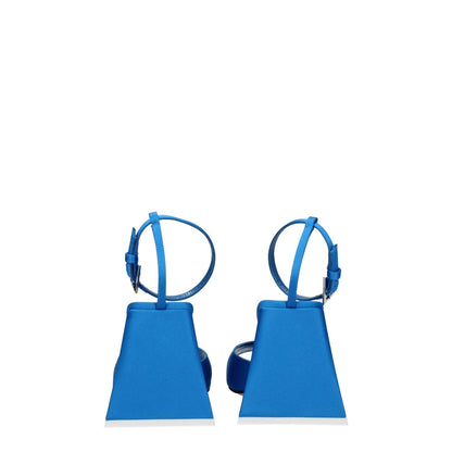 Back view of The Attico Blue Satin Stiletto Heel Sandals with buckle closure and open toe design.