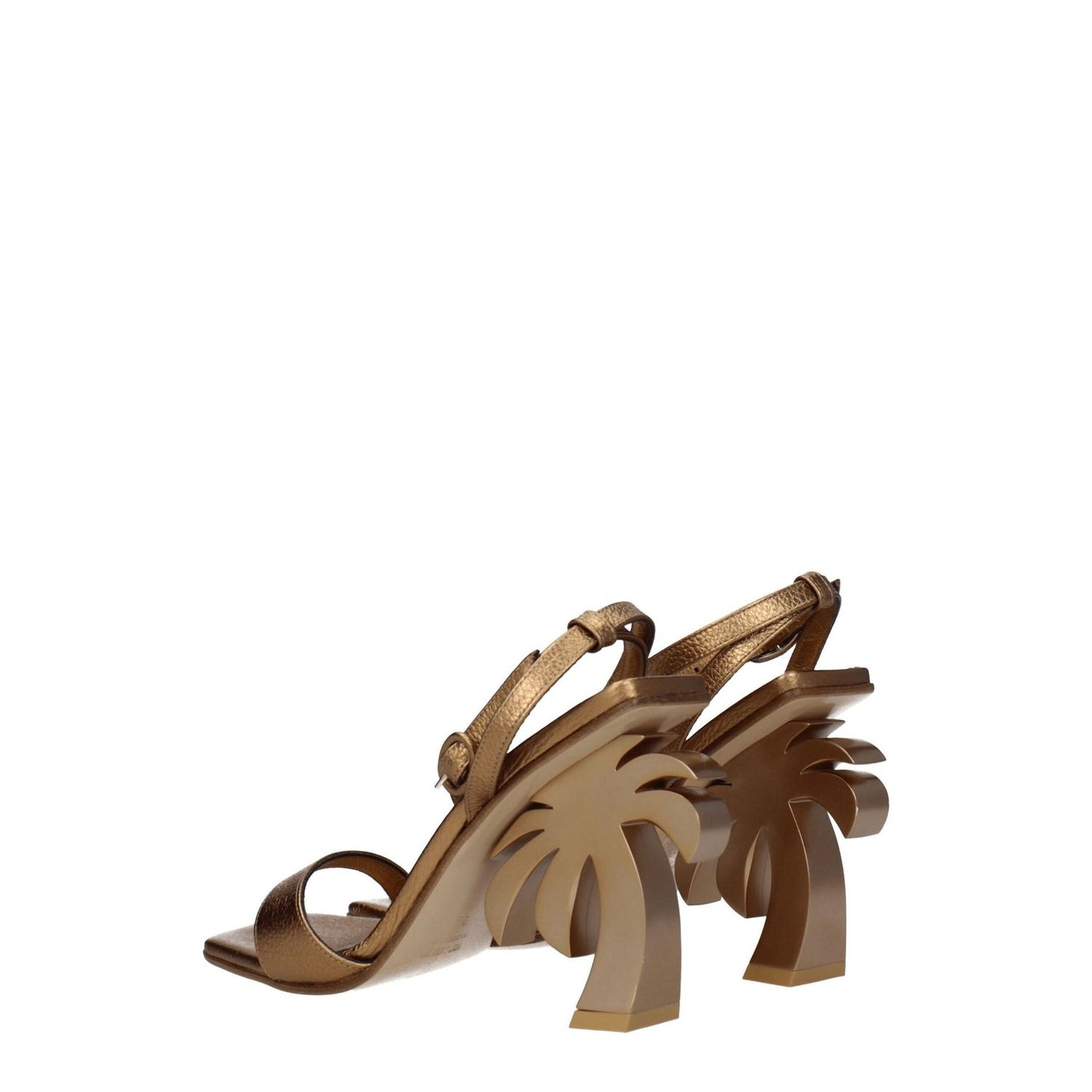 Palm Angels Gold Leather Platform Sandals with unique palm tree heel design and open toe, made of leather, high heel buckle closure.