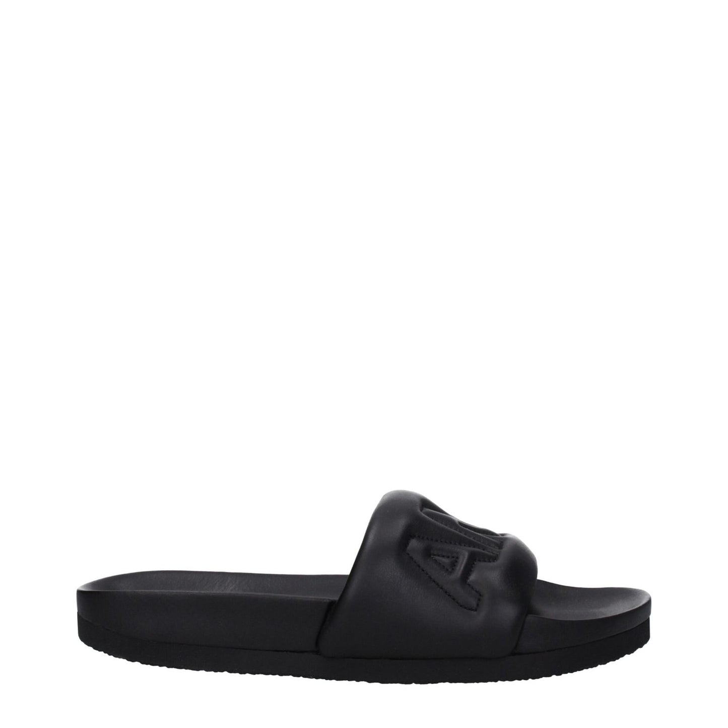 Ambush Black Leather Slippers with open toe, front logo, rubber sole. Style: Street. MPN BMIC001LEA0011000. Code F79694.
