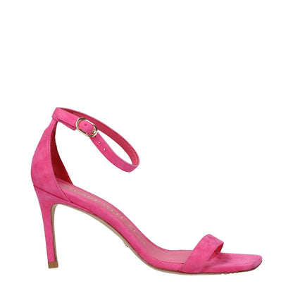 Stuart Weitzman Pink Leather Stiletto Heel Sandals with buckle closure and 8 cm high heel, open toe for casual style.