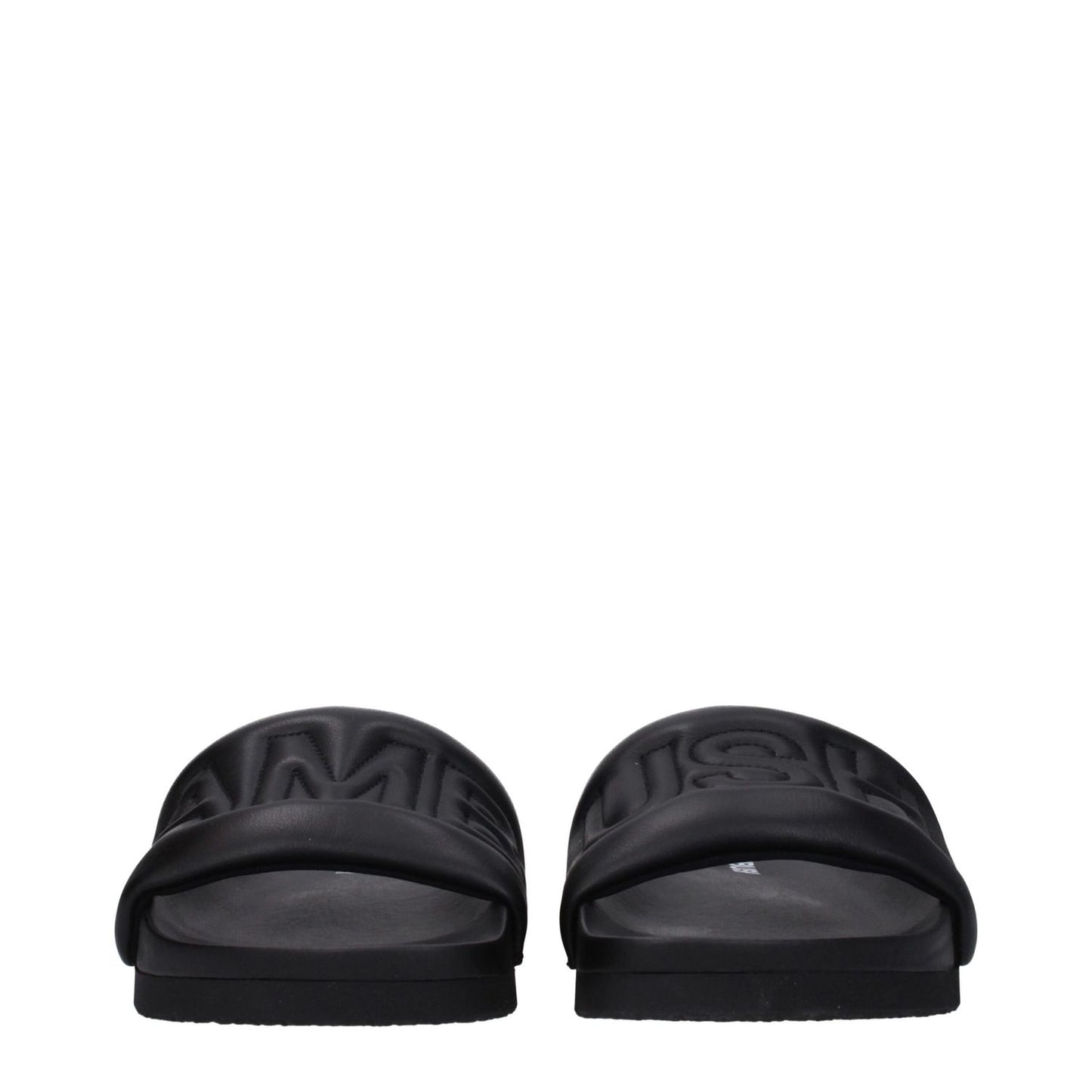 Ambush Black Leather Slippers with front logo, open toe design, and rubber sole for street style fashion.