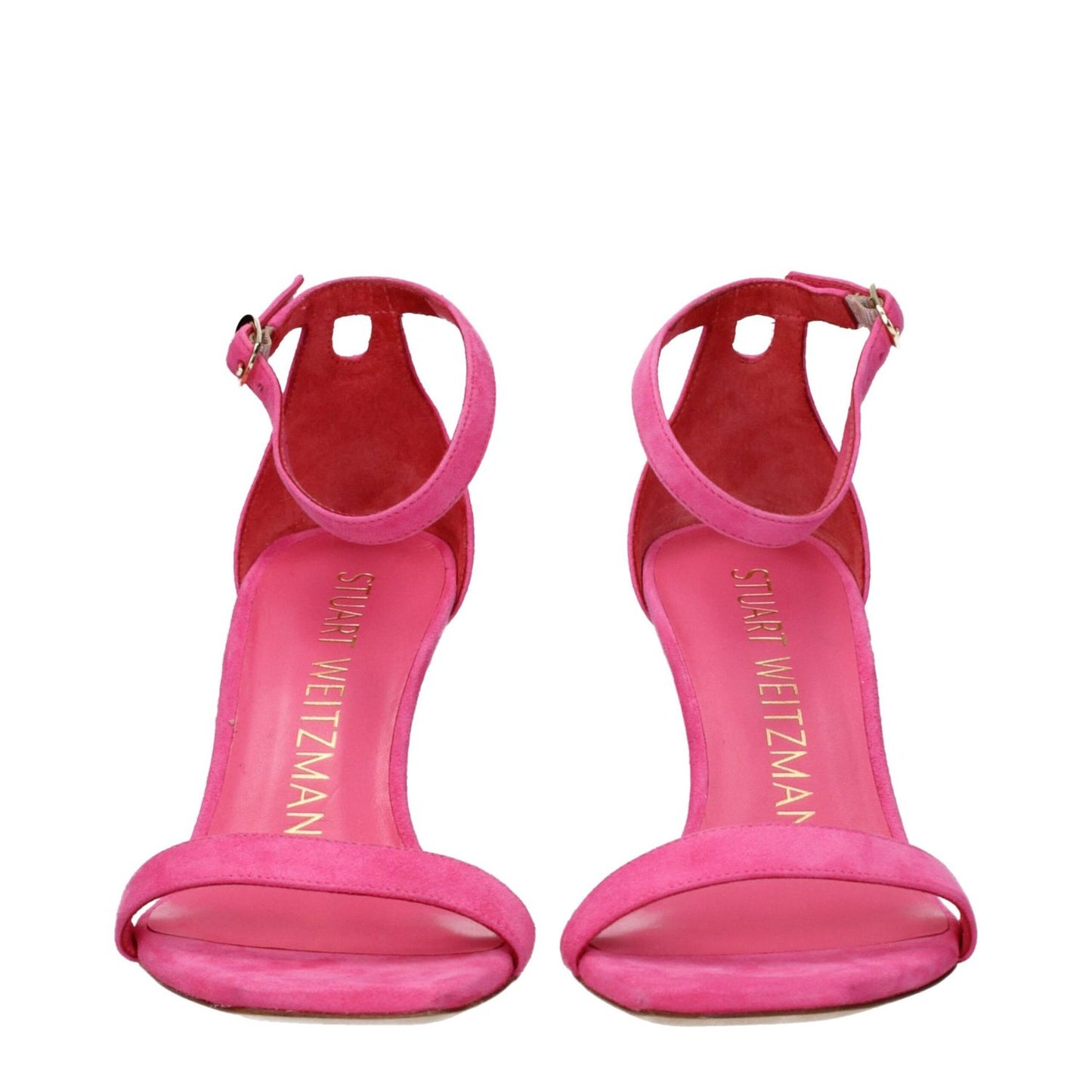 Stuart Weitzman Pink Leather Stiletto Heel Sandals with open toe and buckle closure, featuring an 8 cm high heel and suede fuchsia design.