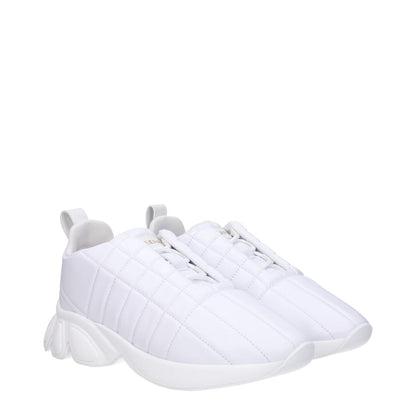 Burberry White Leather Sneakers with mid heels, front and back logo, lace-up closure, rubber sole, and round toe.