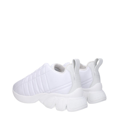 Burberry White Leather Sneakers with front and back logo, lace-up closure, and mid heels. Round toe and rubber sole for casual style.
