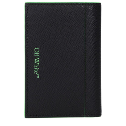 Off-White Black Leather Cardholder, 9 slots, front and back logos, Fluo Green accents.
