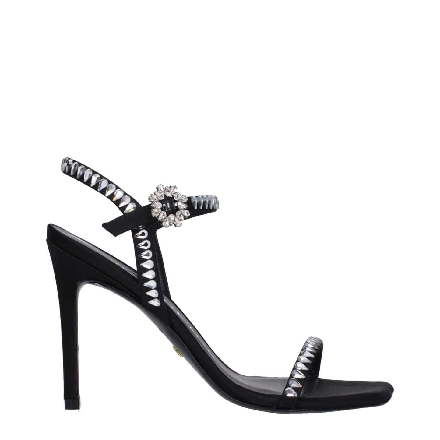 Stuart Weitzman Black Satin Stiletto Heel Sandals with rhinestone details and buckle closure, featuring a sleek high heel design.