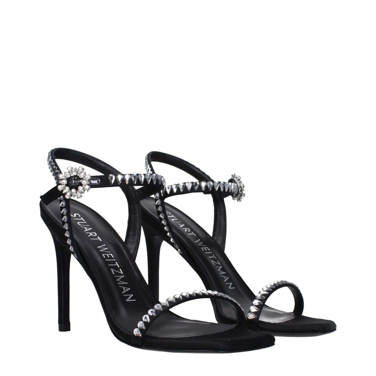 Stuart Weitzman Black Satin Stiletto Heel Sandals with rhinestone design, open toe, high heel and buckle closure for stylish look.