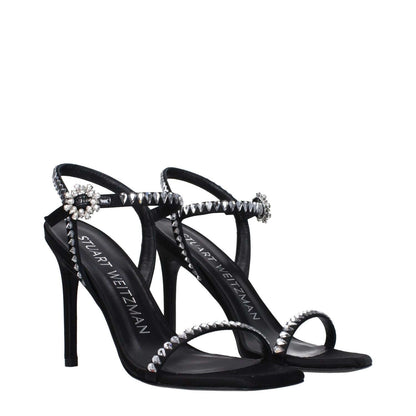Stuart Weitzman Black Satin Stiletto Heel Sandals with rhinestone design, open toe, high heel and buckle closure for stylish look.