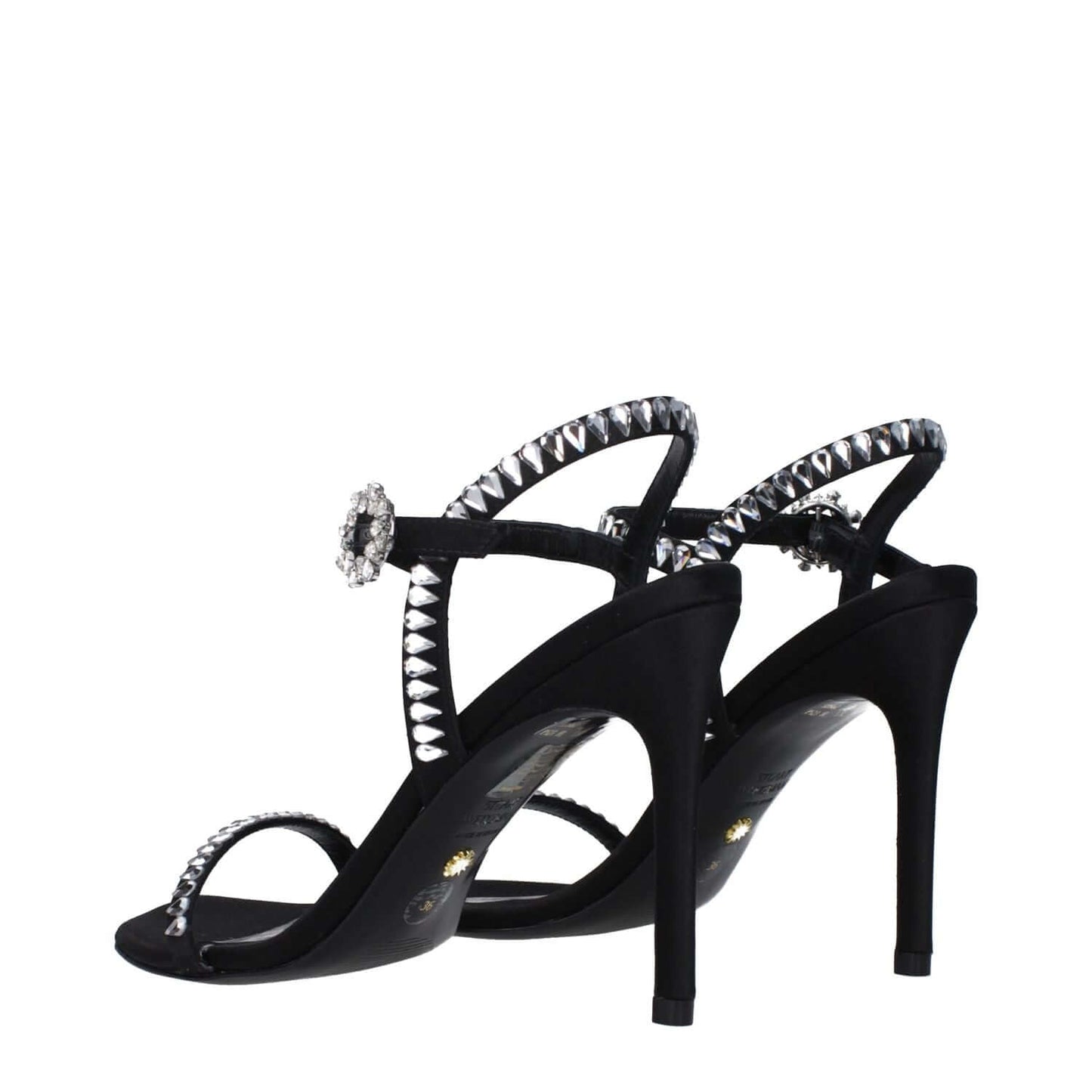 Stuart Weitzman Black Satin Stiletto Heel Sandals with rhinestones and buckle closure, 10 cm high heel, open toe design