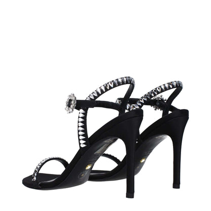 Stuart Weitzman Black Satin Stiletto Heel Sandals with rhinestones and buckle closure, 10 cm high heel, open toe design