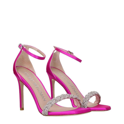 Stuart Weitzman Pink Satin Stiletto Heel Sandals with rhinestone detail, buckle closure, and leather sole, 10 cm high heel.