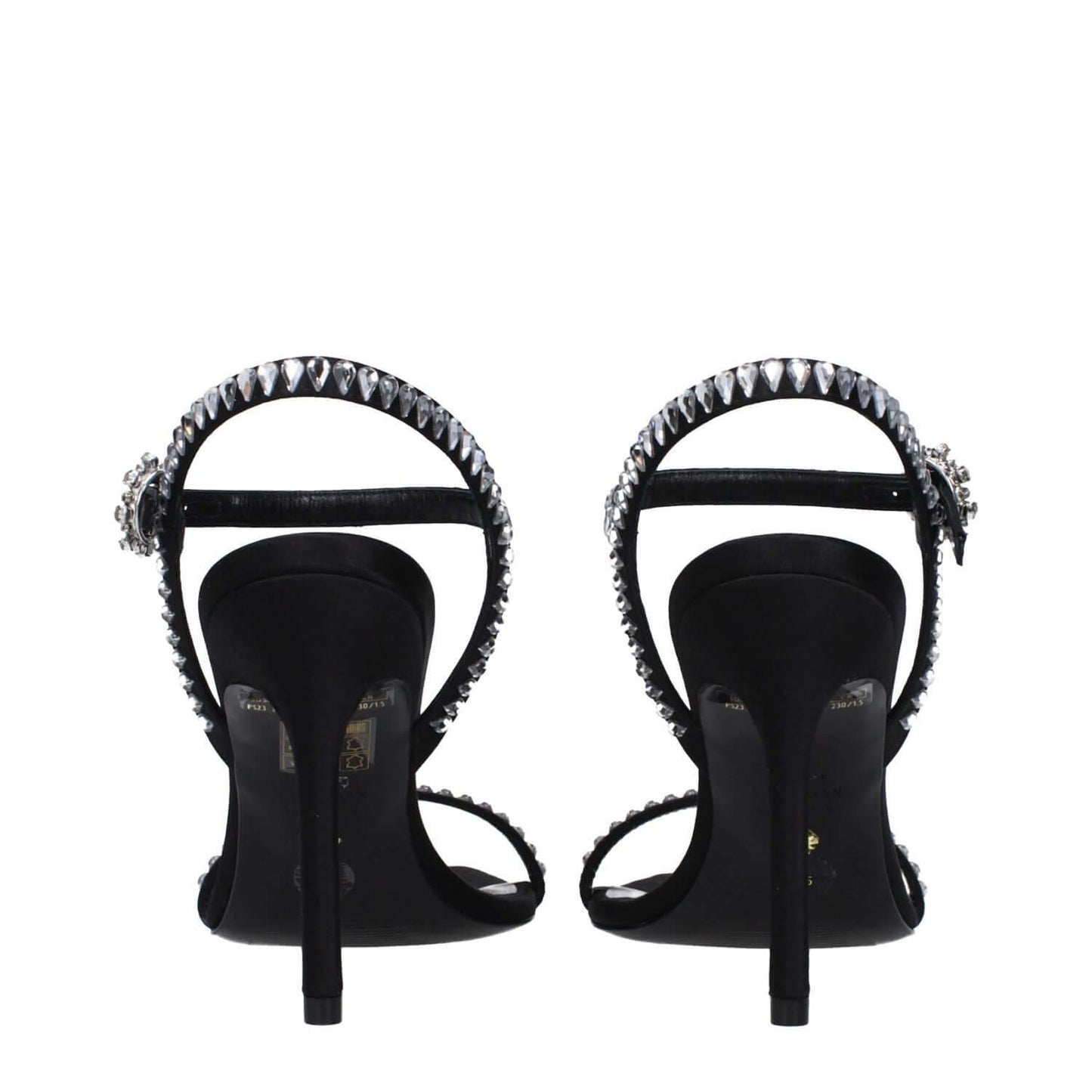 Stuart Weitzman Black Satin Stiletto Heel Sandals with rhinestones and buckle closure, stylish high heel, open toe, rear view.