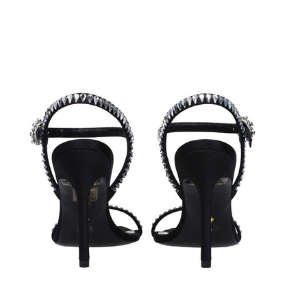 Stuart Weitzman Black Satin Stiletto Heel Sandals with rhinestones and buckle closure, stylish high heel, open toe, rear view.