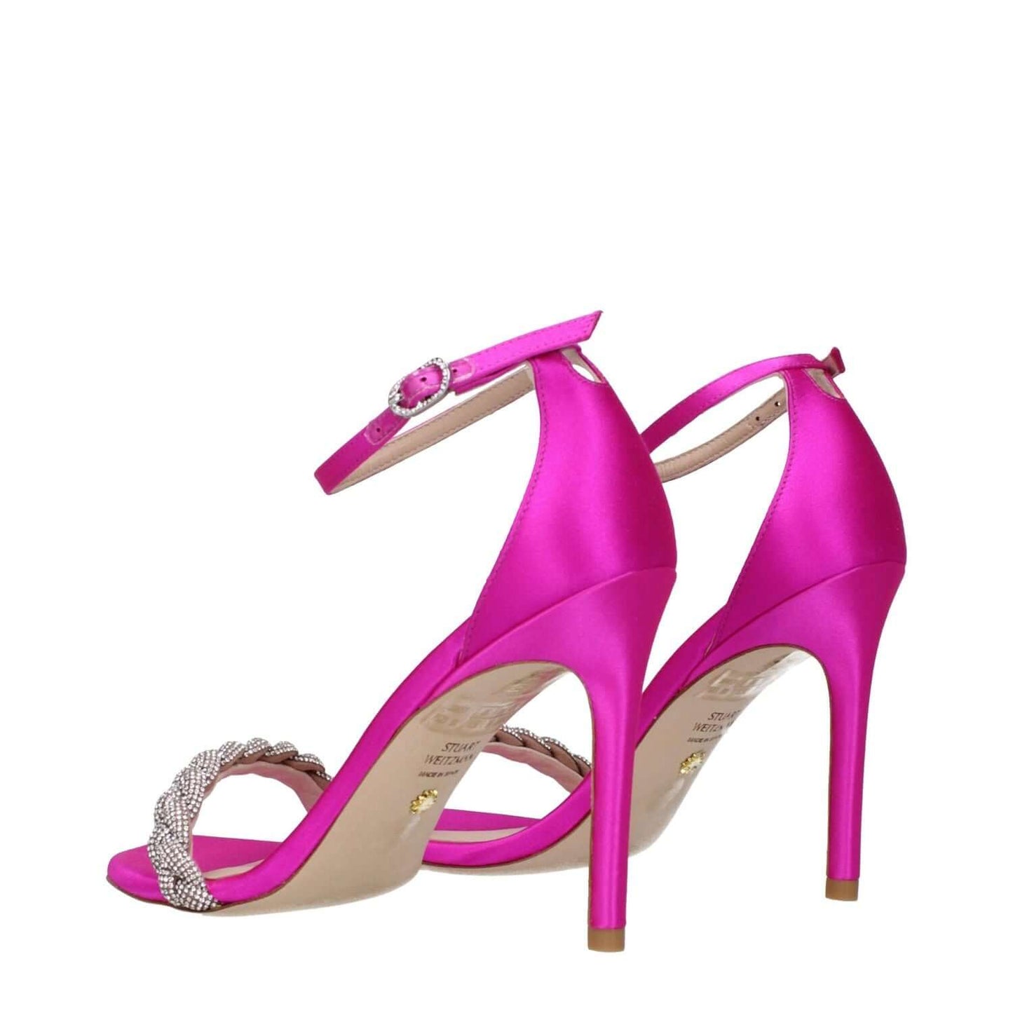 Stuart Weitzman Pink Satin Stiletto Heel Sandals with rhinestone detailing and open toe, featuring high heel and buckle closure in fuchsia.