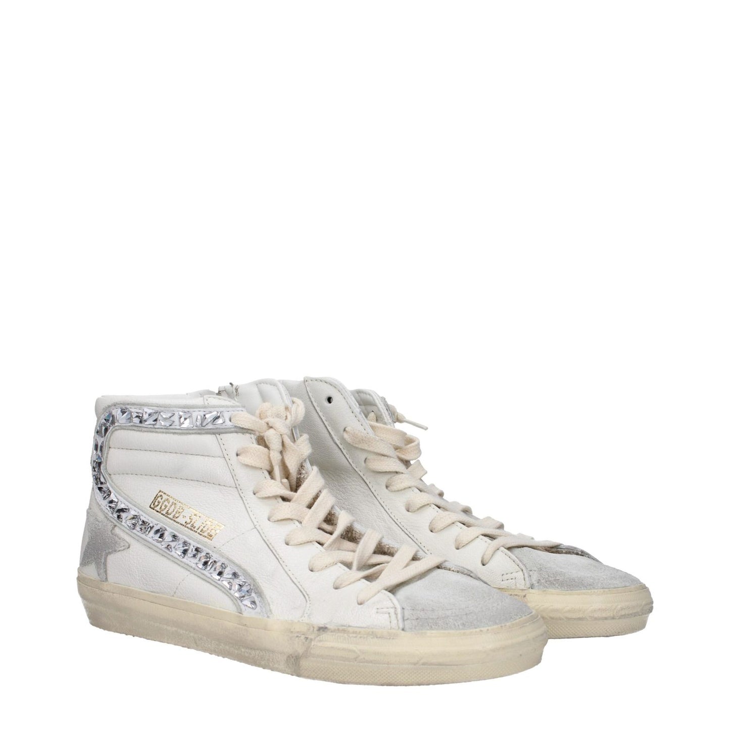 Golden Goose White Leather High Top Sneakers with aged and vintage effect, featuring logos and silver details, lace-up closure.