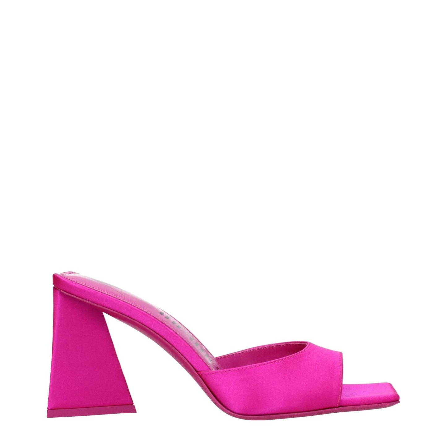 The Attico Pink Satin Stiletto Heel Sandals with open toe and mid heels, made of fuchsia satin and leather sole, side view.