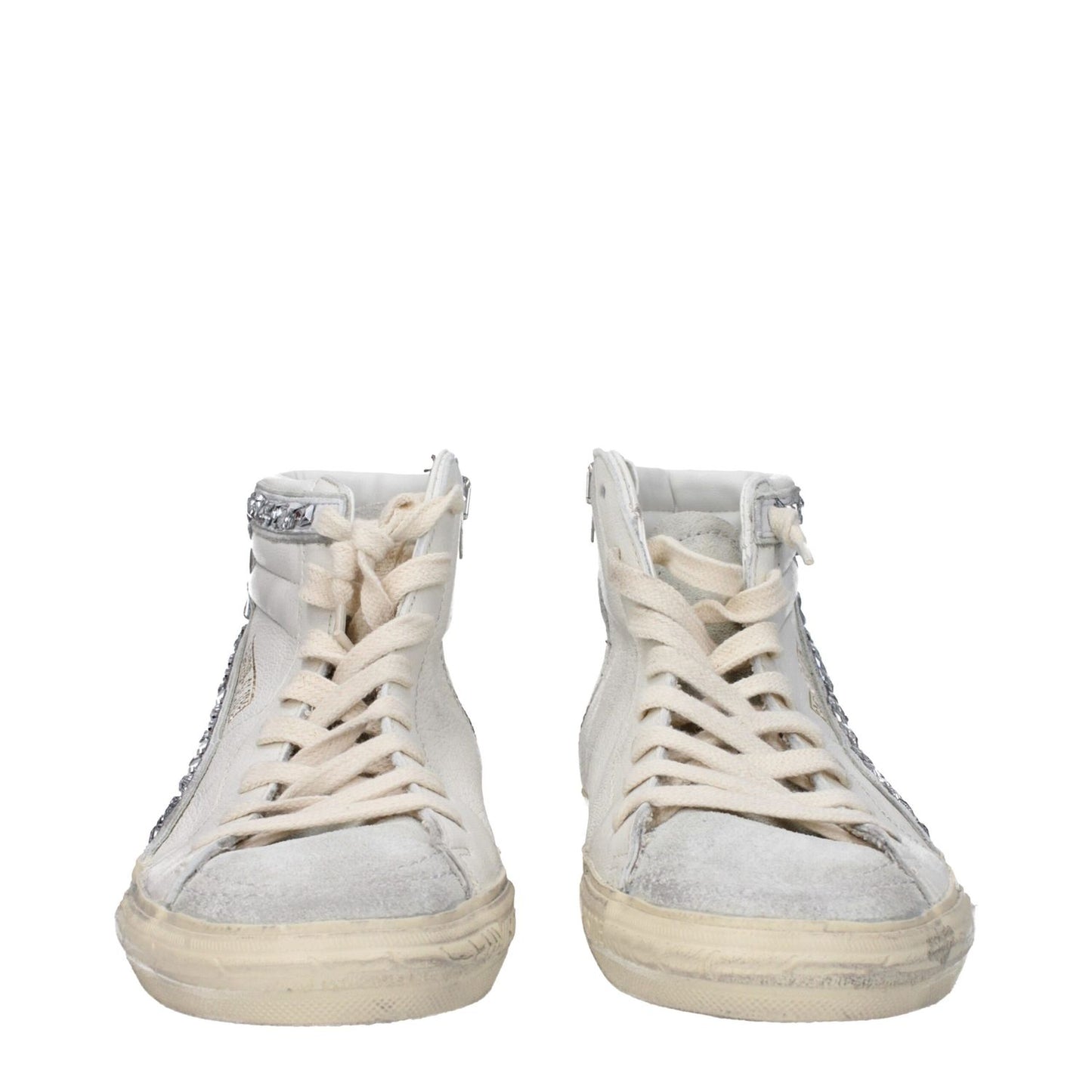 Golden Goose White Leather High Top Sneakers with aged effect and lace-up closure, front view showing unique vintage and scratching details.