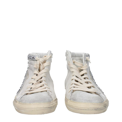 Golden Goose White Leather High Top Sneakers with aged effect and lace-up closure, front view showing unique vintage and scratching details.