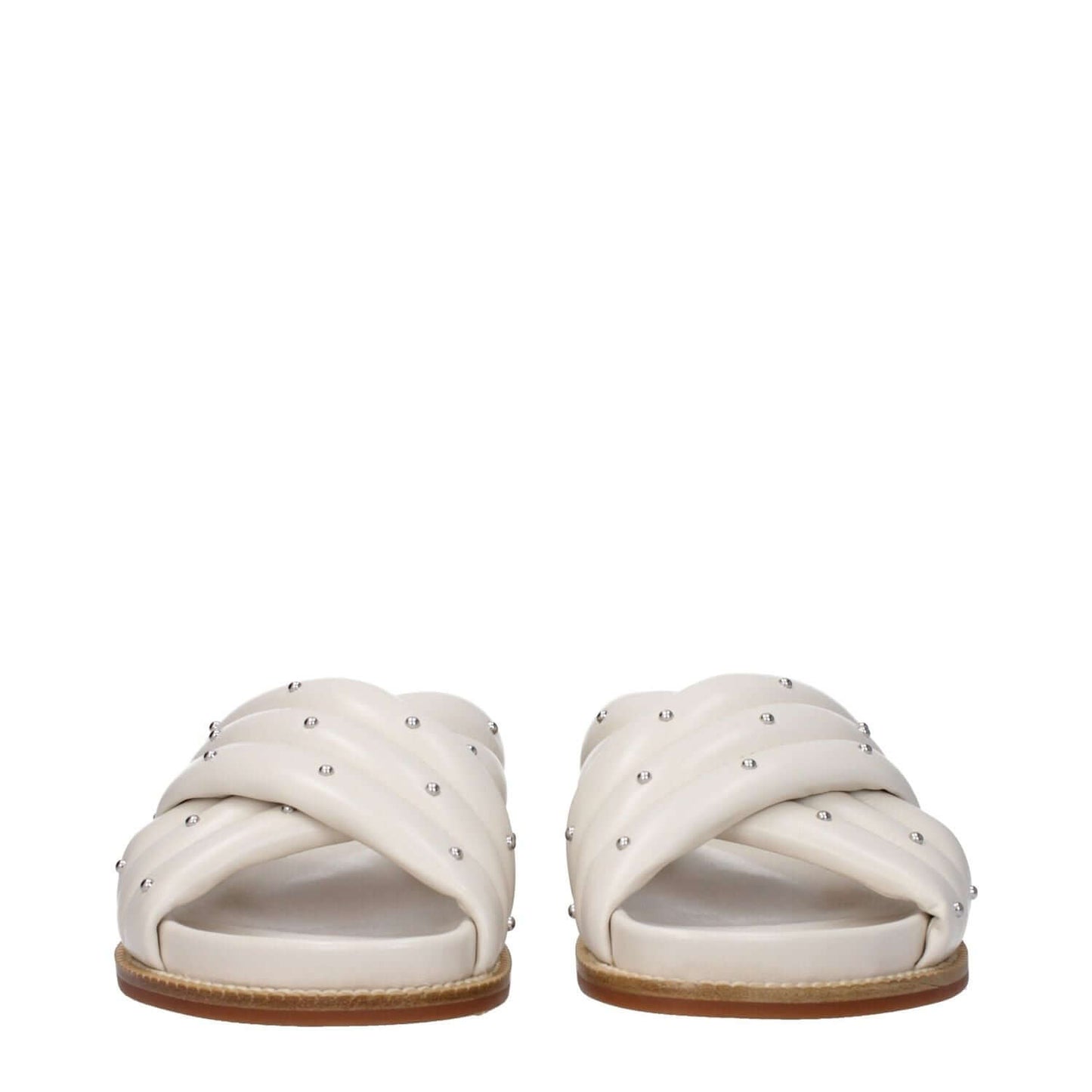 Fabiana Filippi Beige Leather Slippers with studs, open toe design, rubber sole, and low flat heel, showcasing casual style in ivory.