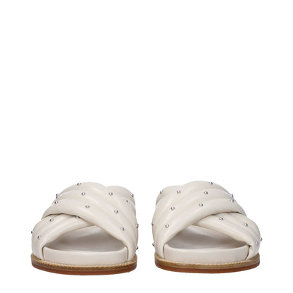 Fabiana Filippi Beige Leather Slippers with studs, open toe design, rubber sole, and low flat heel, showcasing casual style in ivory.