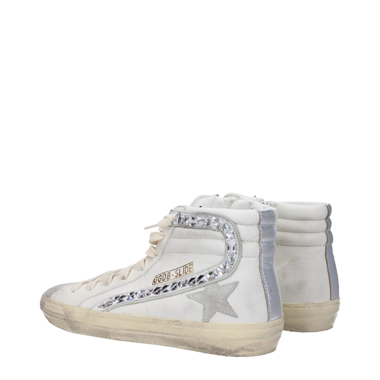 Golden Goose White Leather High Top Sneakers with silver details and vintage effect, view from the back showing side and back logos.