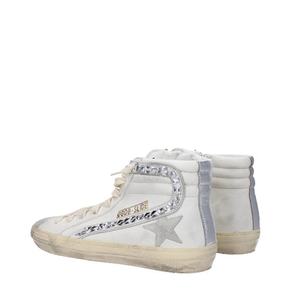 Golden Goose White Leather High Top Sneakers with silver details and vintage effect, view from the back showing side and back logos.