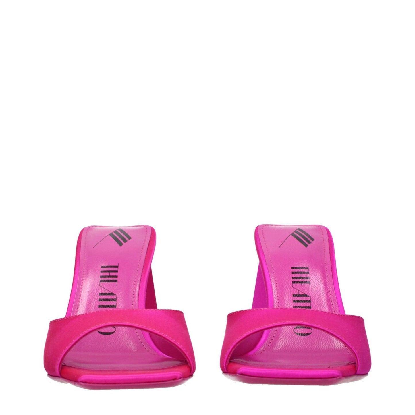 The Attico Pink Satin Stiletto Heel Sandals with open toe design and 8.5 cm mid heels in fuchsia satin, perfect for stylish occasions.