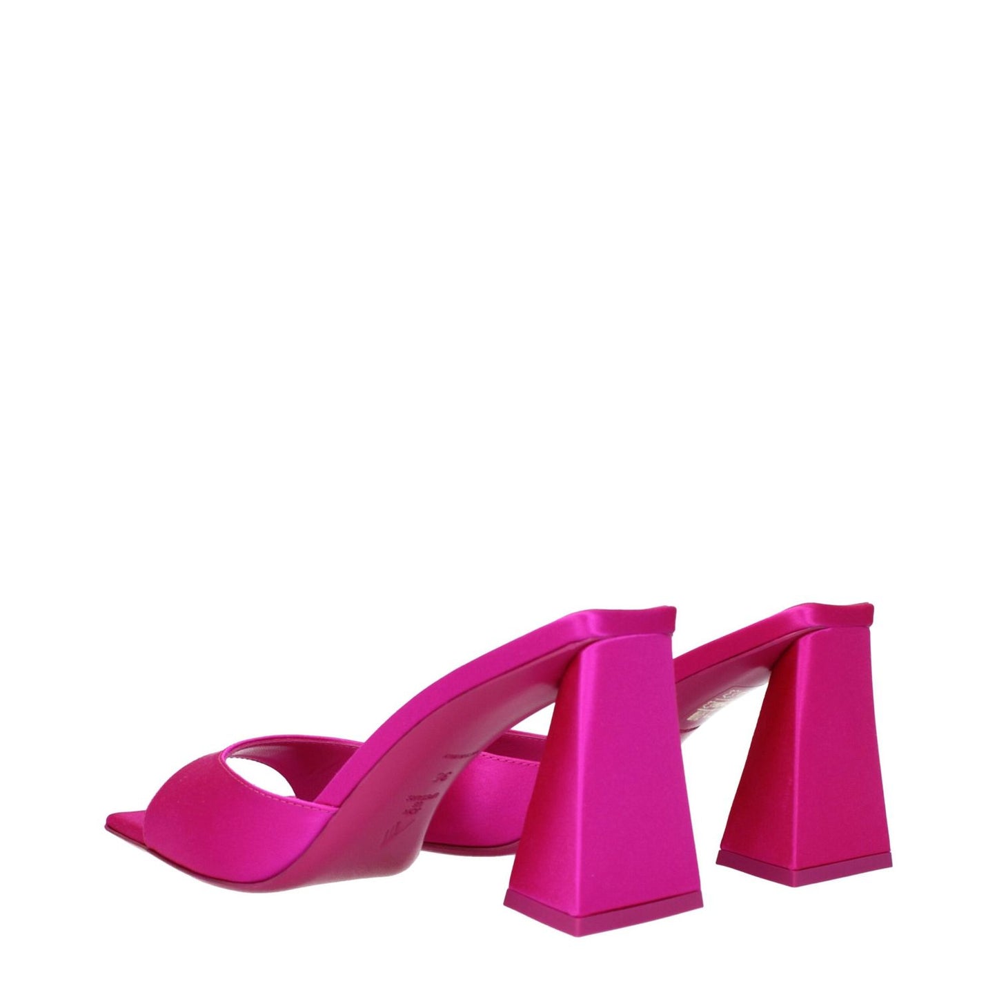 The Attico Pink Satin Stiletto Heel Sandals with open toe and mid heels.