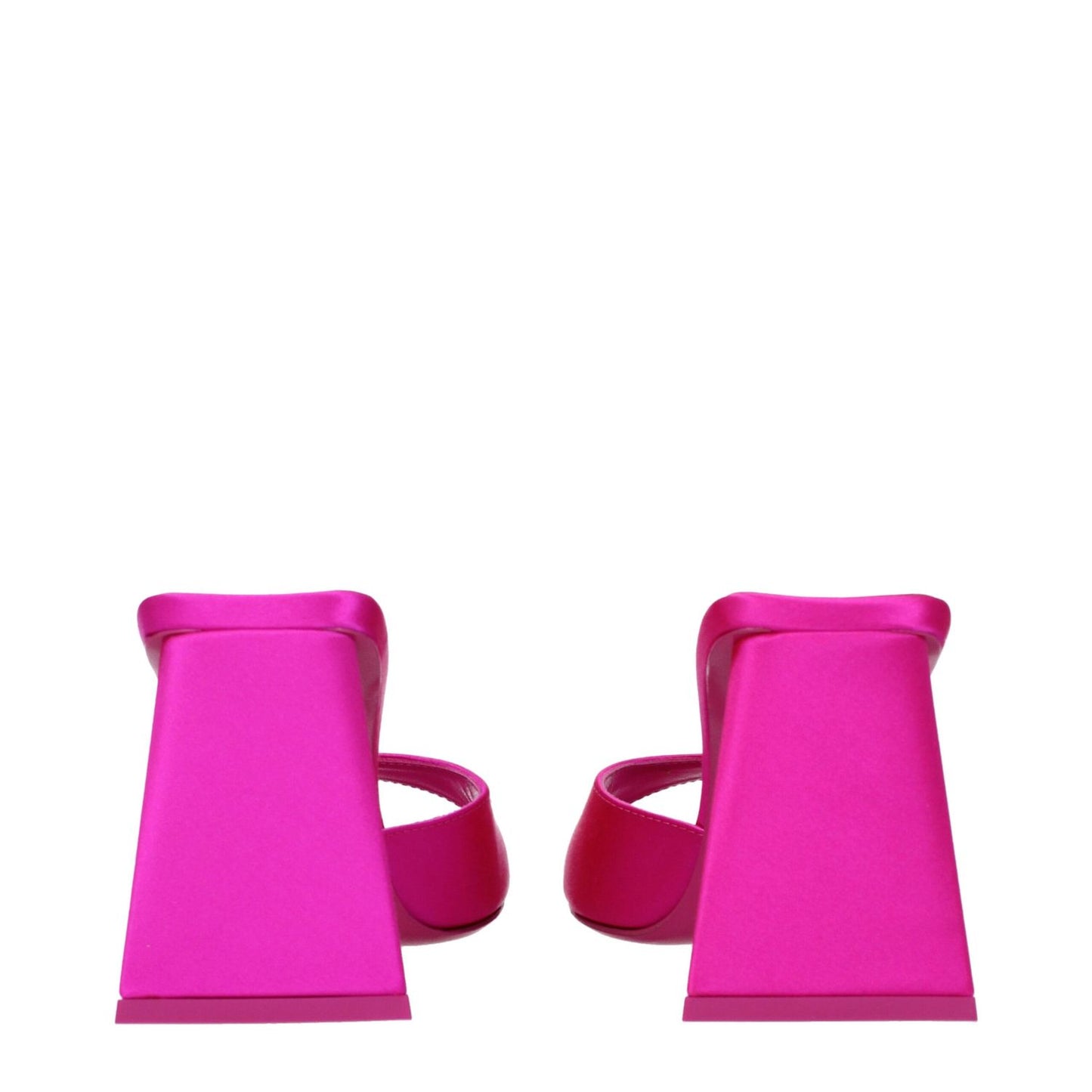 The Attico Pink Satin Stiletto Heel Sandals with open toe and mid heels, featuring a leather sole and 8.5 cm heel height.