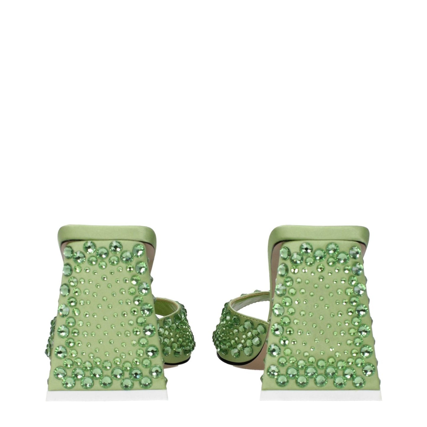 The Attico Green Satin Stiletto Heel Sandals with rhinestones, open toe, leather sole. Stylish mid heels with lime accents.