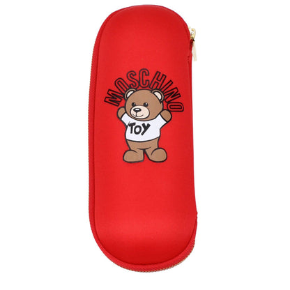 Moschino red accessory case with bear logo print featuring bright red color and zipper closure for Moschino Red Polyester Umbrella.