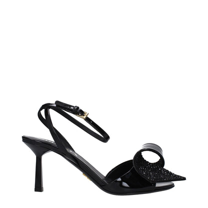 Prada Black Leather Stiletto Heel Sandals with open toe, buckle closure, and leather sole, featuring a stylish side detail, 7.5 cm heel.